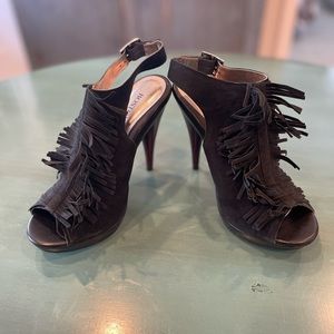 Boston Proper Fringe Platform Slingback Deegan in black suede.